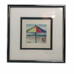 Watercolor Framed Art by M. Saylor Beach Theme, Umbrella, Ocean, Chair